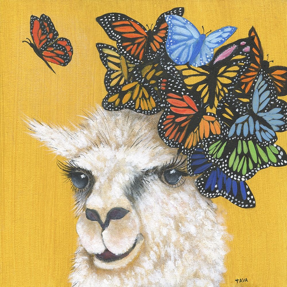 Wall Art Painting id:264788, Name: Llama and Butterflies, Artist: Tava Studios