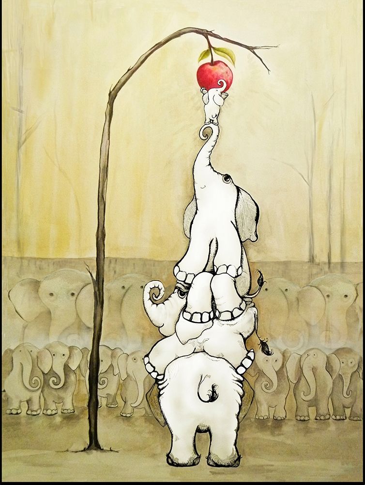 Wall Art Painting id:206196, Name: Whimsical Elephants with Red Apple, Artist: Diannart