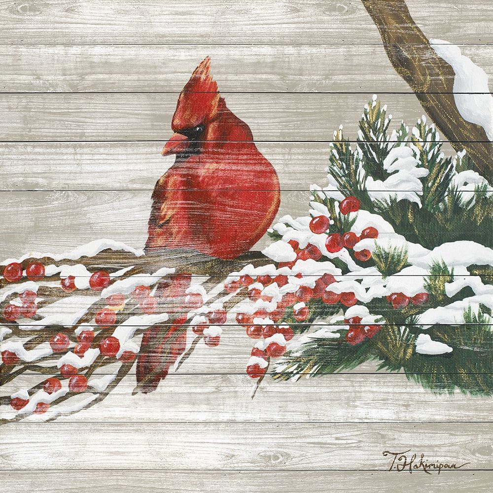 Wall Art Painting id:310609, Name: Winter Red Bird on Wood I, Artist: Hakimipour, Tiffany
