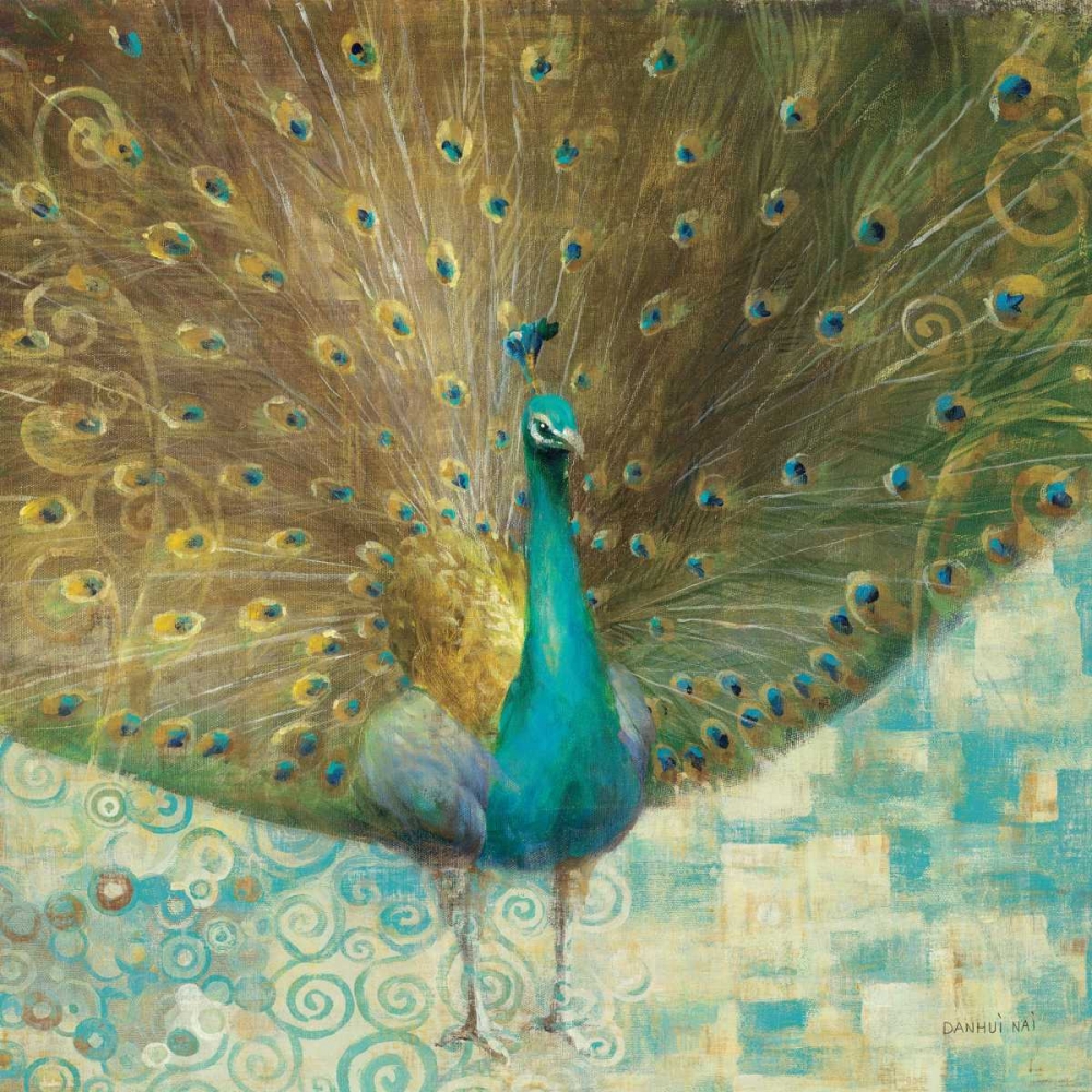 Wall Art Painting id:28010, Name: Teal Peacock on Gold, Artist: Nai, Danhui