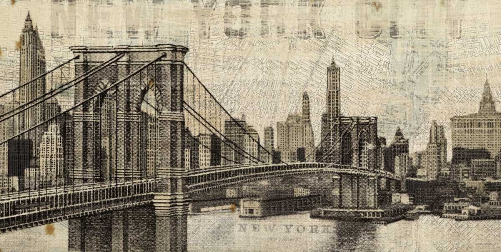 Wall Art Painting id:20933, Name: Vintage NY Brooklyn Bridge Skyline, Artist: Mullan, Michael