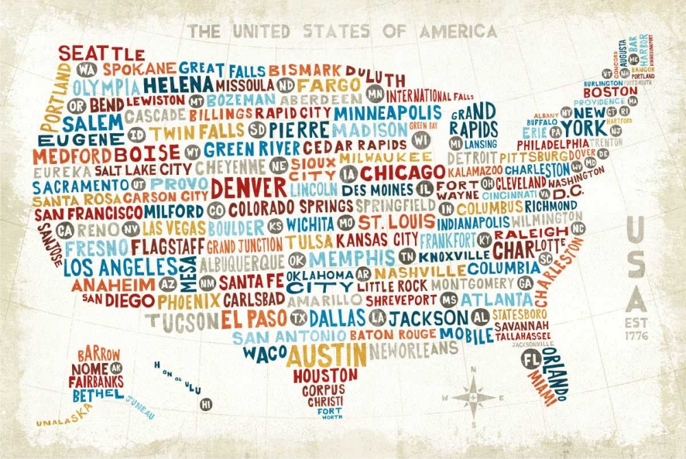 Wall Art Painting id:73795, Name: US City Map, Artist: Mullan, Michael