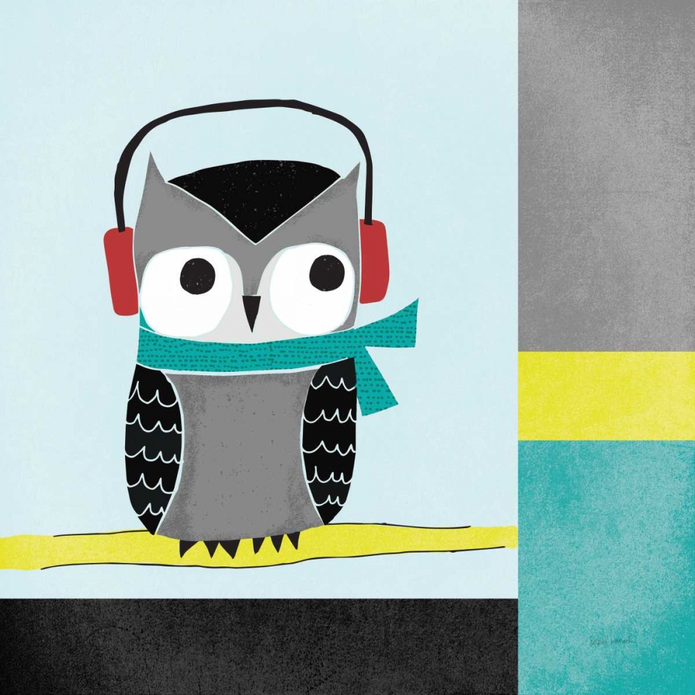 Art Print: Owls I Blue Gray and Yellow