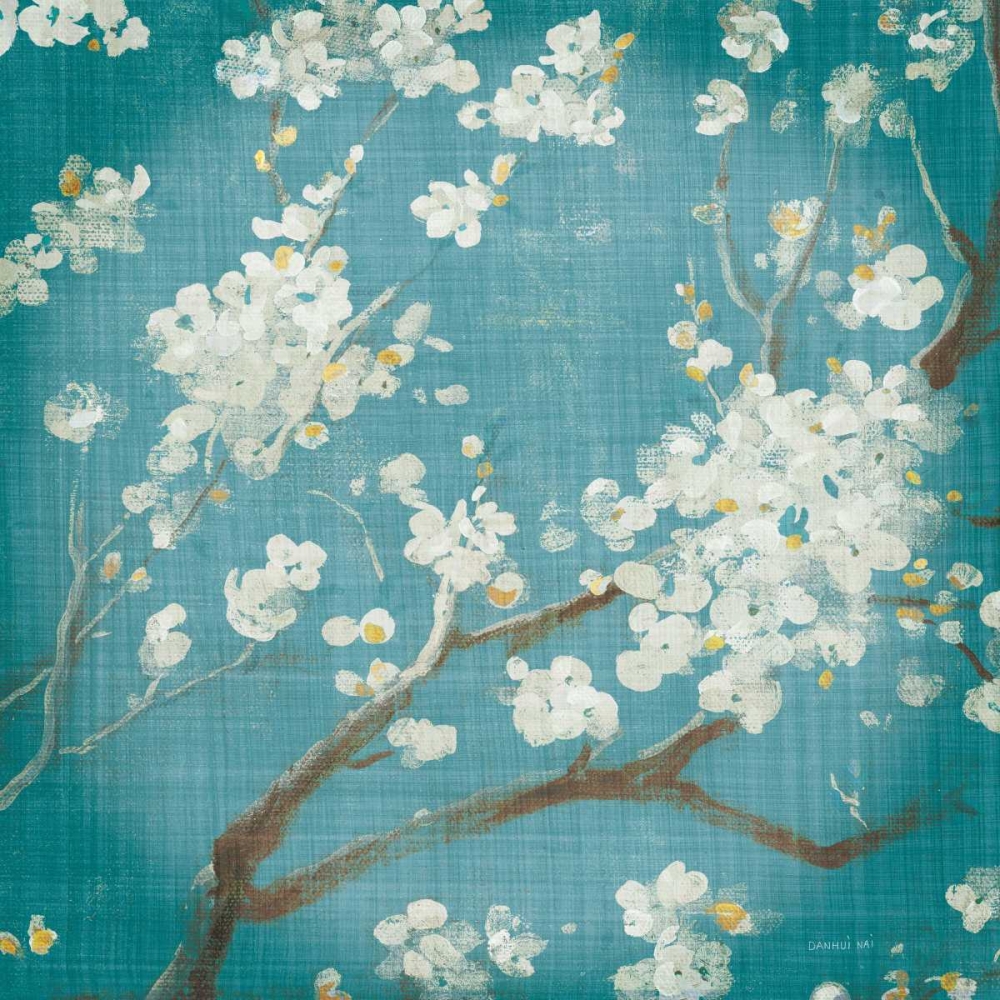 Wall Art Painting id:171654, Name: White Cherry Blossoms I on Teal Aged no Bird, Artist: Nai, Danhui