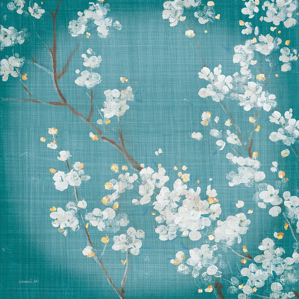 Wall Art Painting id:378640, Name: White Cherry Blossoms II on Teal Aged no Bird, Artist: Nai, Danhui