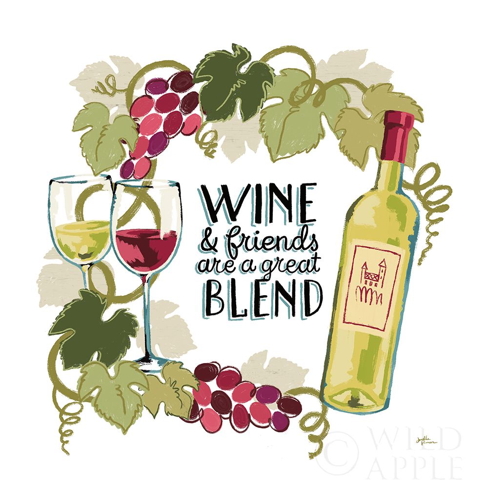 Wall Art Painting id:193099, Name: Wine and Friends V on White, Artist: Penner, Janelle