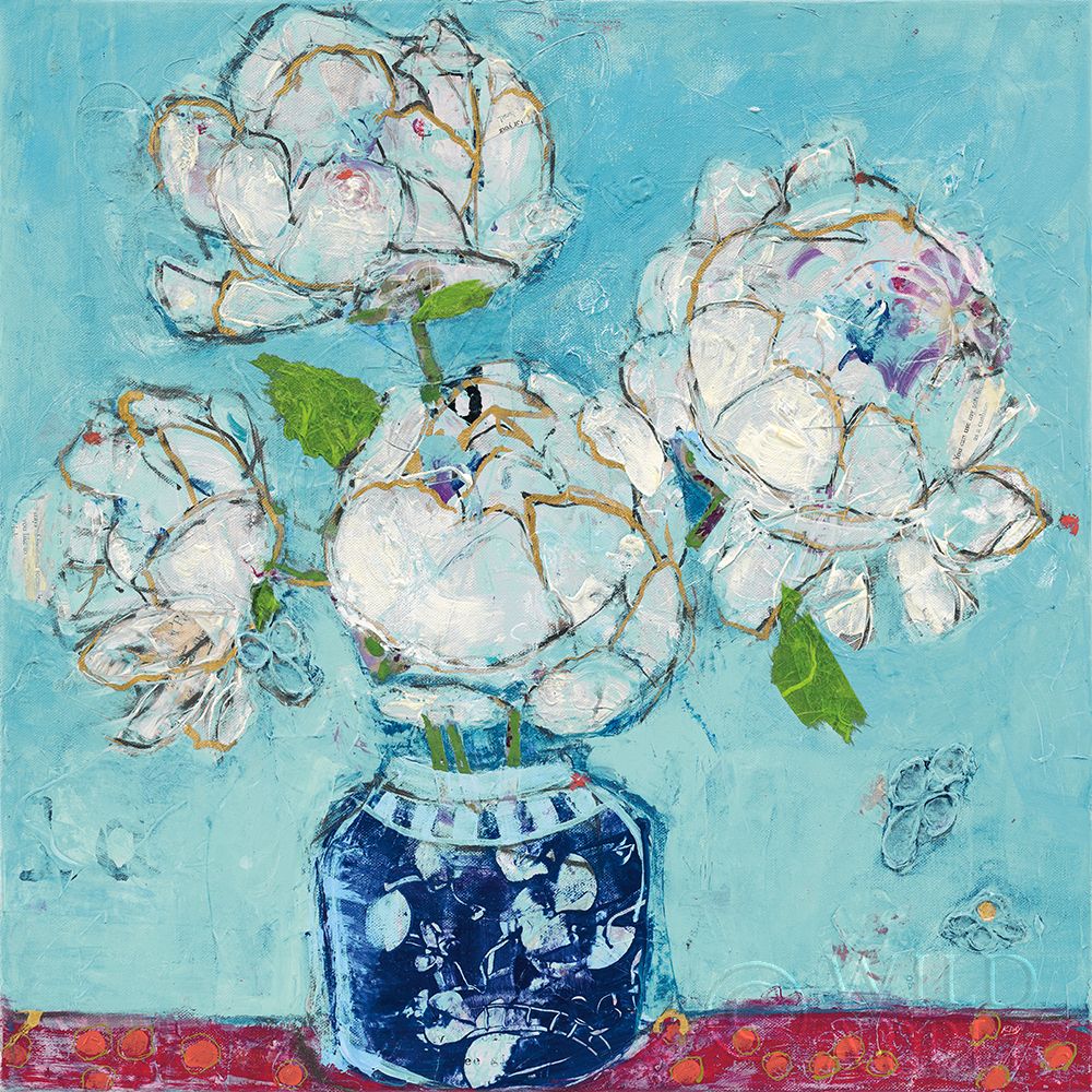 Wall Art Painting id:195184, Name: Vase of Peonies Aqua, Artist: Day, Kellie