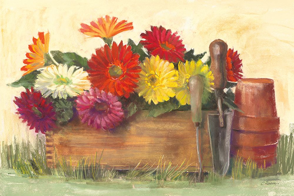 Wall Art Painting id:762694, Name: Gardeners Still Life with Gerberas, Artist: Rowan, Carol