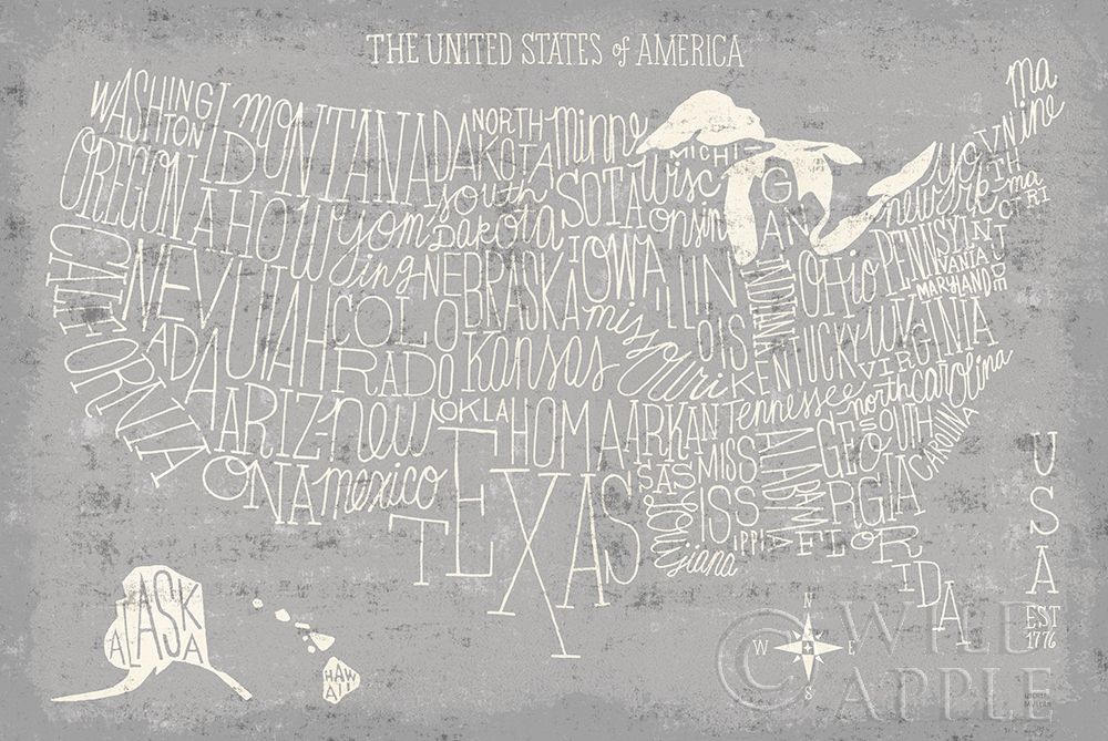 Wall Art Painting id:239742, Name: Hand Lettered USA Map Gray, Artist: Mullan, Michael