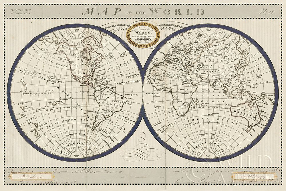 Wall Art Painting id:265193, Name: Torkingtons World Map with Indigo, Artist: Schlabach, Sue