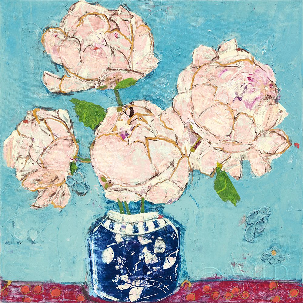 Wall Art Painting id:283964, Name: Vase of Peonies Aqua Coral, Artist: Day, Kellie