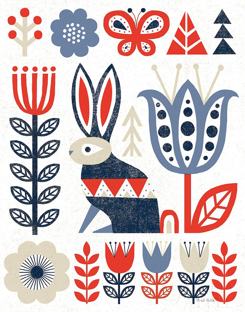 Wall Art Painting id:337652, Name: Folk Lodge Rabbit Red Navy, Artist: Mullan, Michael