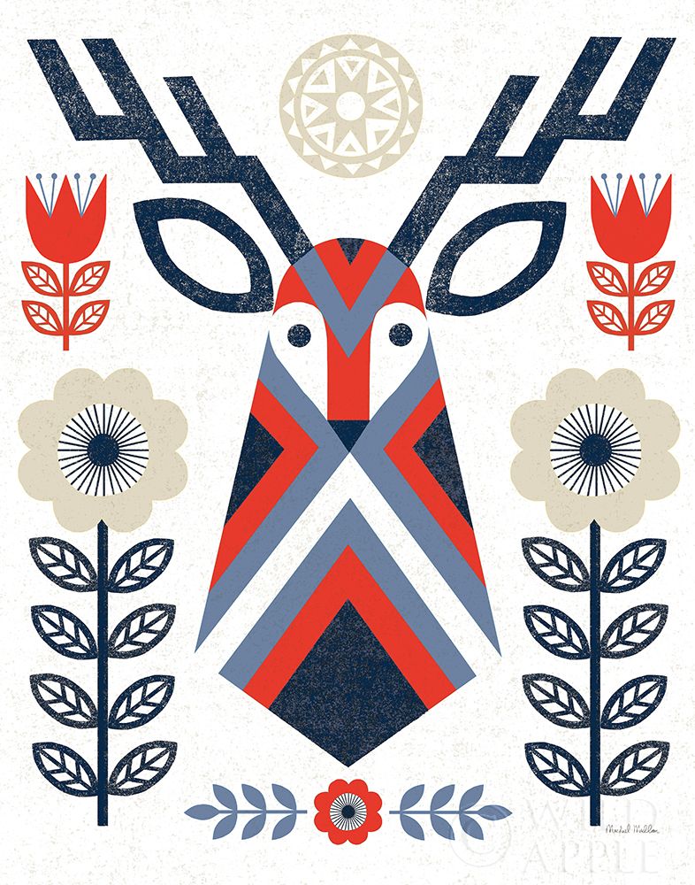 Wall Art Painting id:337659, Name: Folk Lodge Deer II Red Navy, Artist: Mullan, Michael