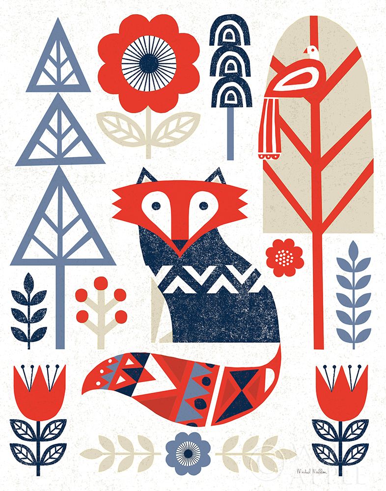 Wall Art Painting id:337657, Name: Folk Lodge Fox Red Navy, Artist: Mullan, Michael