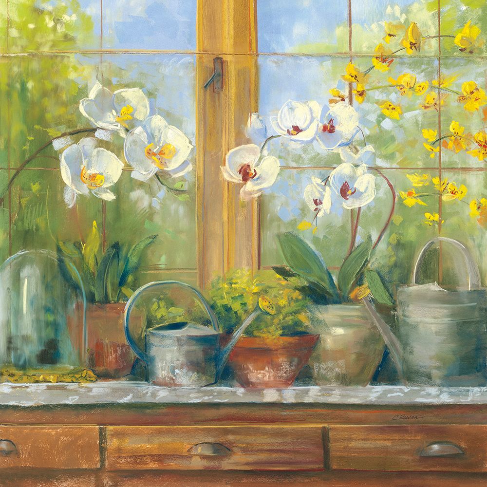 Wall Art Painting id:666609, Name: Gardeners Table Orchids, Artist: Rowan, Carol