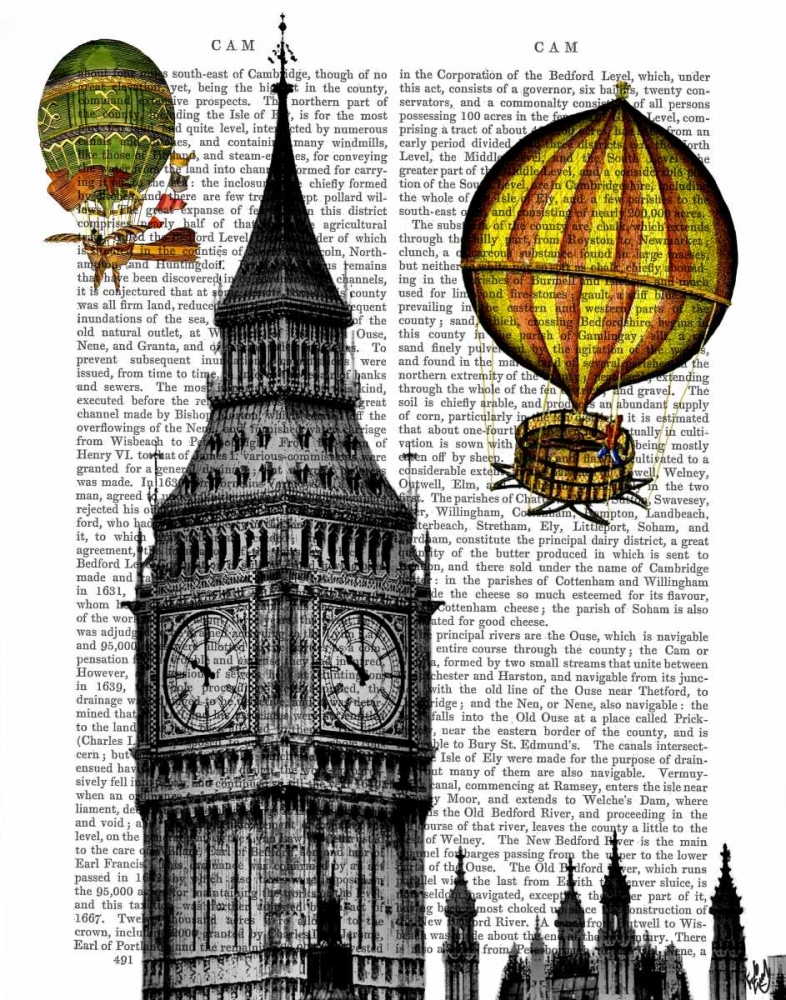 Wall Art Painting id:67657, Name: Big Ben and Vintage Hot Air Balloons, Artist: Fab Funky