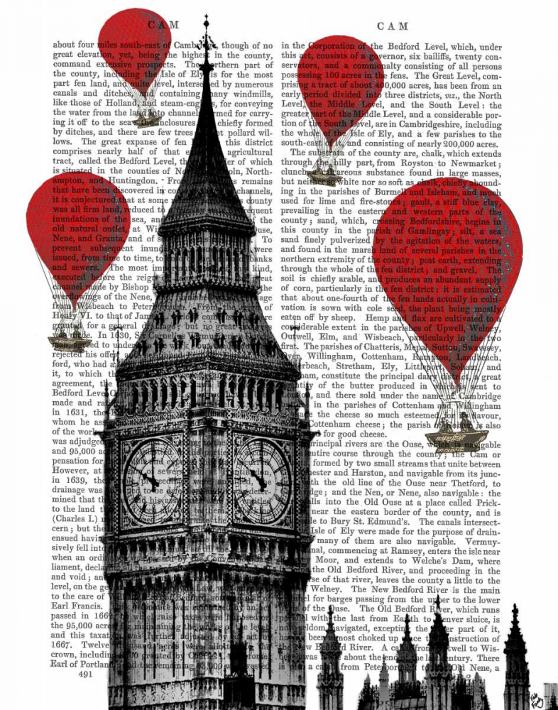 Wall Art Painting id:67728, Name: Big Ben and Red Hot Air Balloons, Artist: Fab Funky
