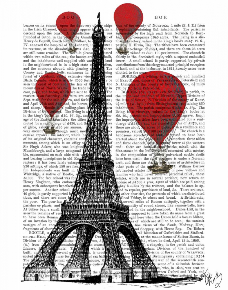 Wall Art Painting id:67729, Name: Eiffel Tower and Red Hot Air Balloons, Artist: Fab Funky