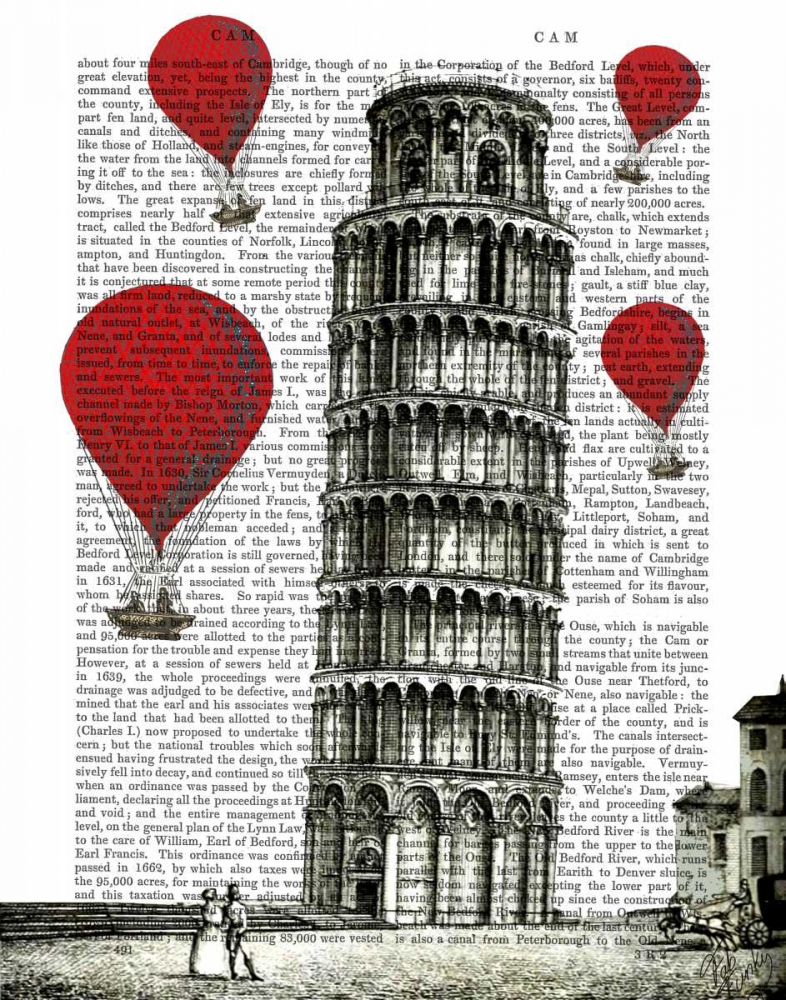 Wall Art Painting id:67730, Name: Tower of Pisa and Red Hot Air Balloons, Artist: Fab Funky