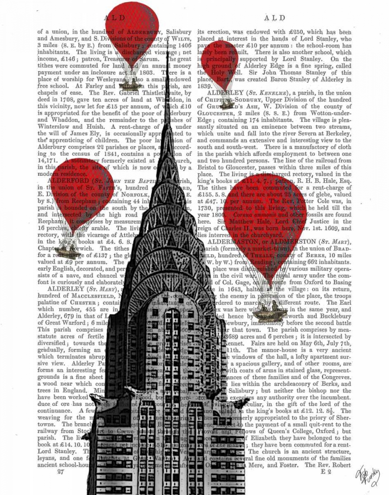Wall Art Painting id:67732, Name: Chrysler Building and Red Hot Air Balloons, Artist: Fab Funky