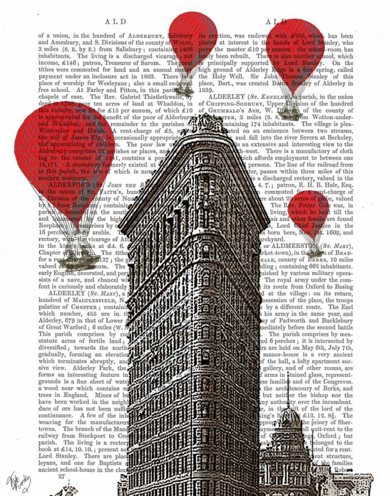 Wall Art Painting id:67733, Name: Flat Iron Building and Red Hot Air Balloons, Artist: Fab Funky