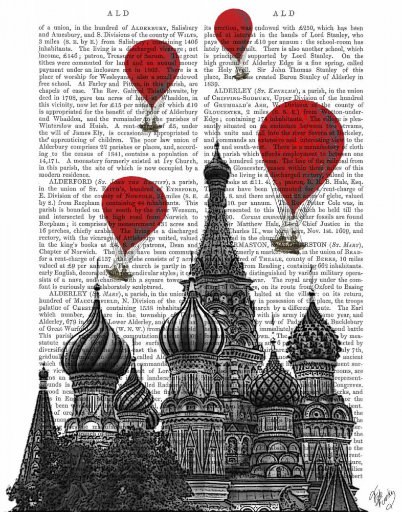 Wall Art Painting id:67736, Name: St Basils Cathedral and Red Hot Air Balloons, Artist: Fab Funky