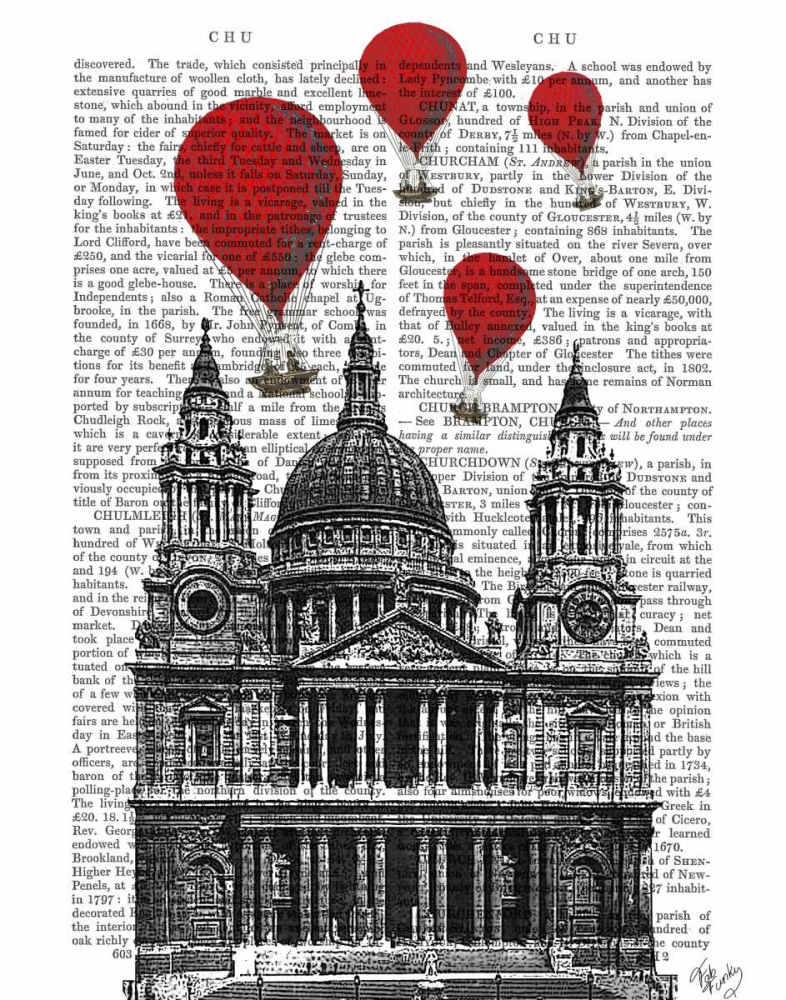 Wall Art Painting id:67737, Name: St Pauls Cathedral and Red Hot Air Balloons, Artist: Fab Funky