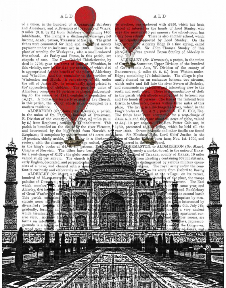 Wall Art Painting id:67739, Name: Taj Mahal and Red Hot Air Balloons, Artist: Fab Funky
