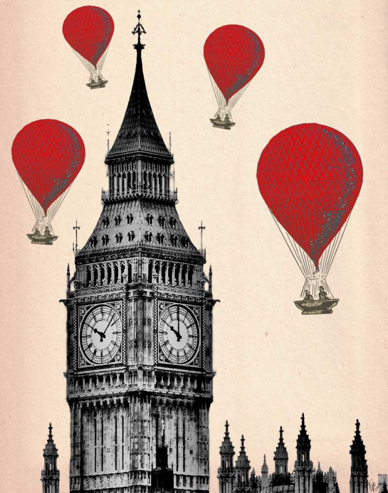 Wall Art Painting id:68066, Name: Big Ben and Red Hot Air Balloons, Artist: Fab Funky