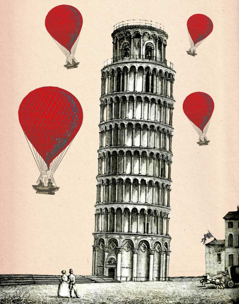 Wall Art Painting id:68067, Name: Tower of Pisa and Red Hot Air Balloons, Artist: Fab Funky