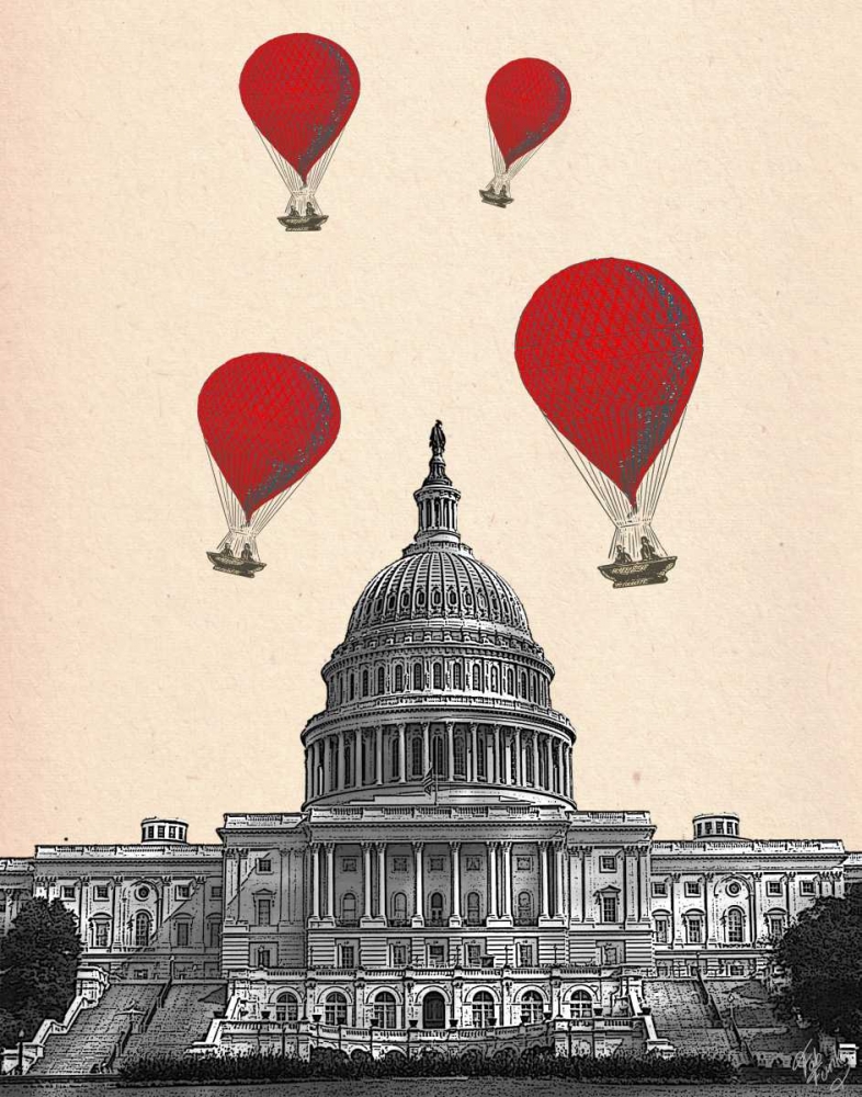 Wall Art Painting id:68068, Name: US Capitol Building and Red Hot Air Balloons, Artist: Fab Funky