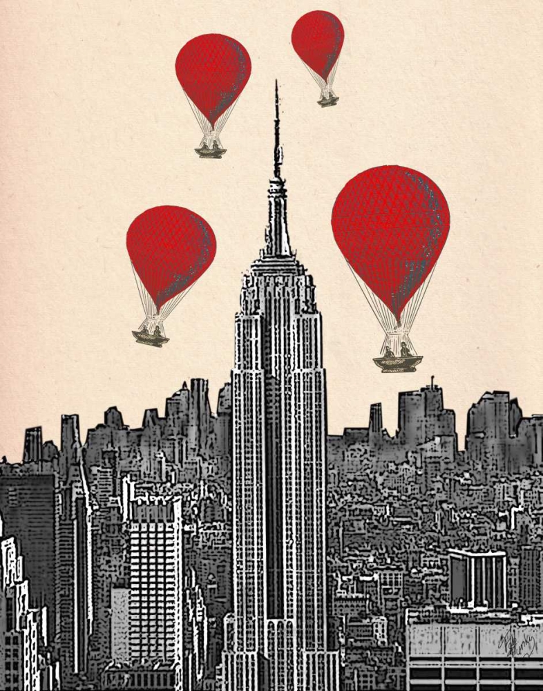 Wall Art Painting id:68073, Name: Empire State Building and Red Hot Air Balloons, Artist: Fab Funky