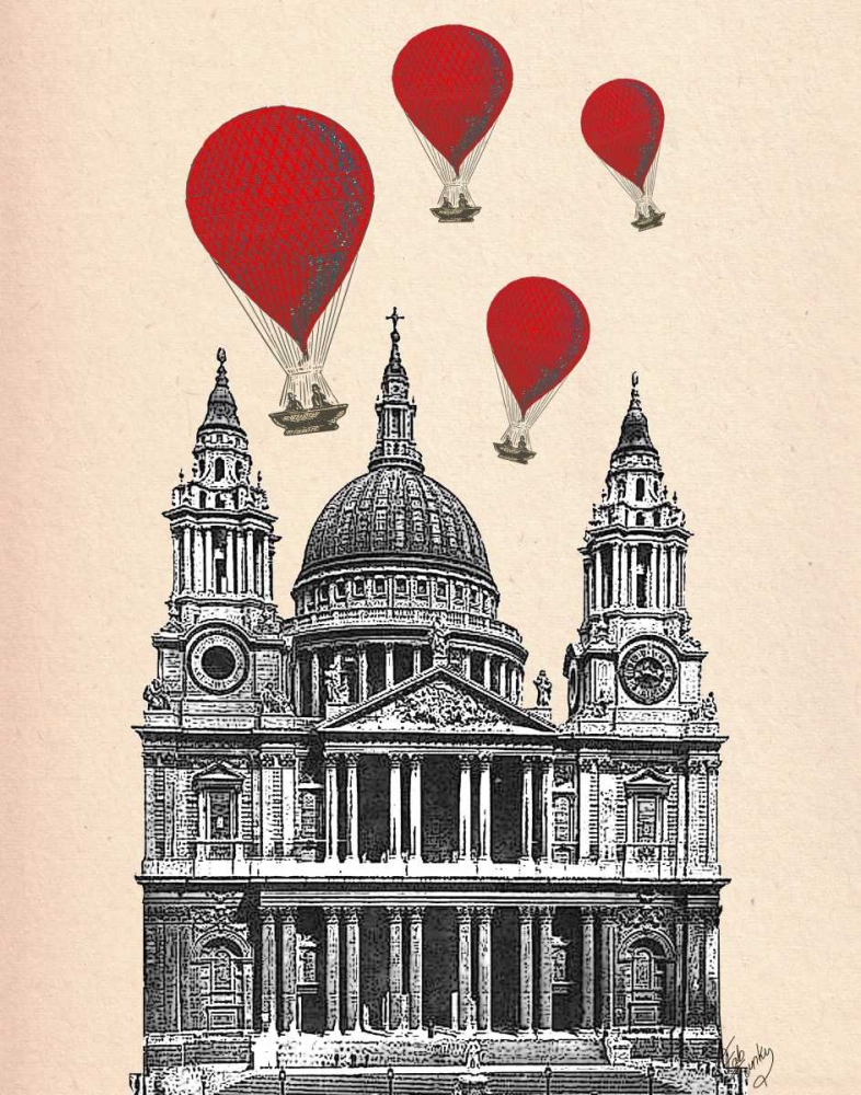 Wall Art Painting id:68074, Name: St Pauls Cathedral and Red Hot Air Balloons, Artist: Fab Funky