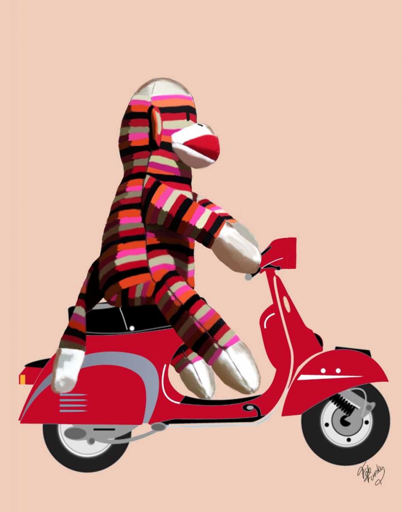 Wall Art Painting id:68087, Name: Sock Monkey on Red Moped, Artist: Fab Funky
