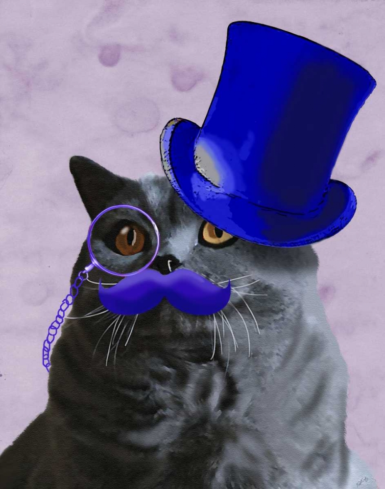 Wall Art Painting id:68116, Name: Grey Cat With Blue Top Hat and Moustache, Artist: Fab Funky