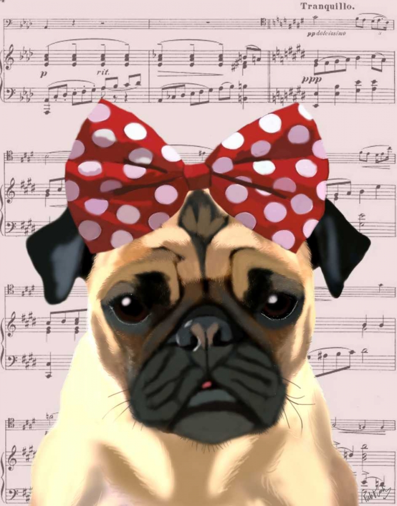Wall Art Painting id:98978, Name: Pug with Red Spotty Bow On Head, Artist: Fab Funky