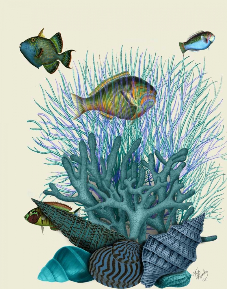 Wall Art Painting id:99020, Name: Fish Blue Shells and Corals, Artist: Fab Funky