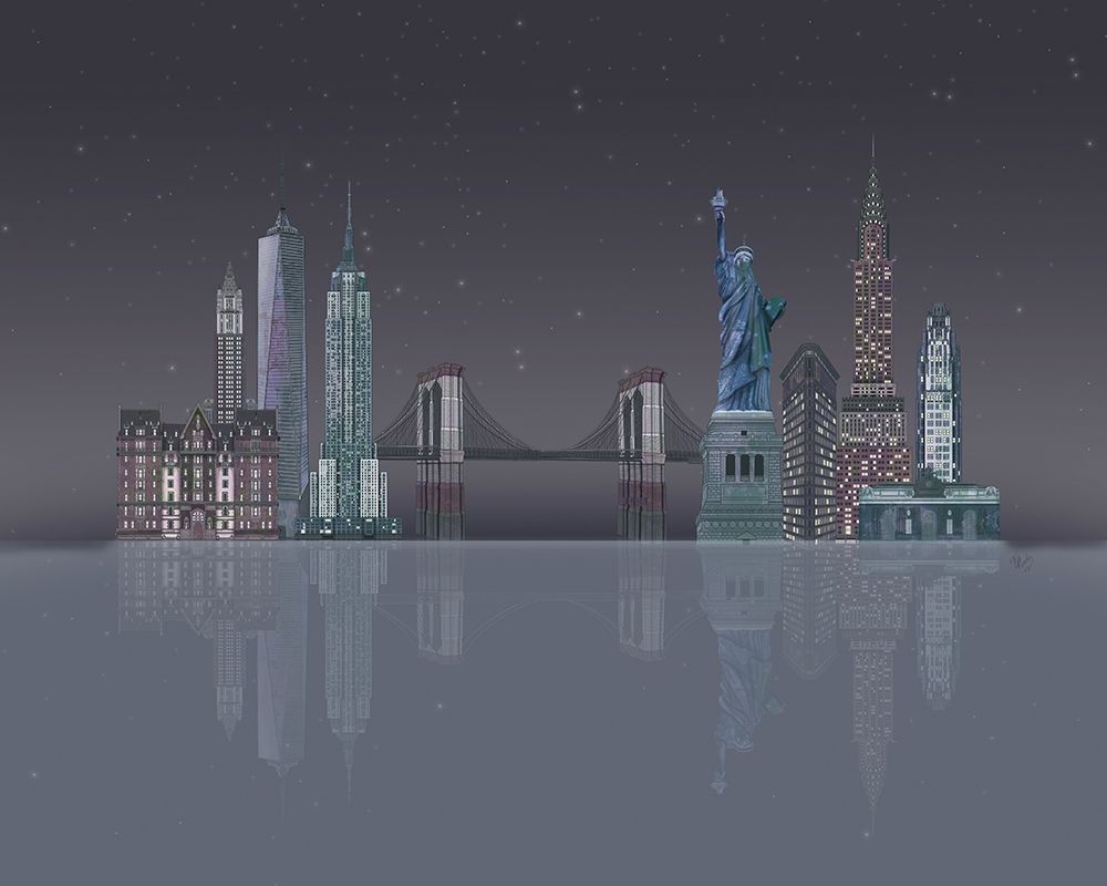 Wall Art Painting id:231091, Name: New York Skyline Night Reflections, Artist: Fab Funky 