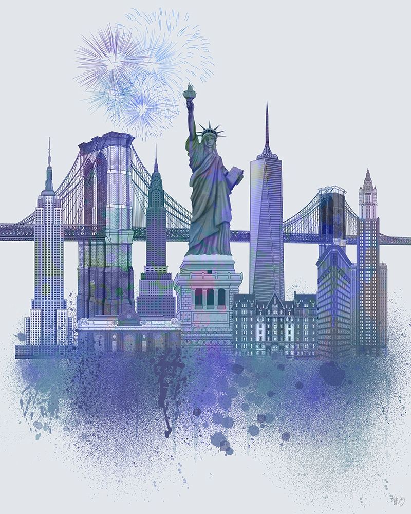 Wall Art Painting id:231101, Name: New York Skyline Watercolour Splash Blue, Artist: Fab Funky 