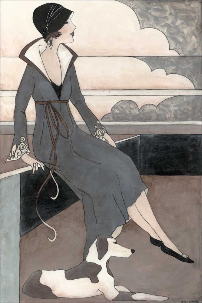 Wall Art Painting id:153241, Name: Art Deco Lady With Dog, Artist: Meagher, Megan