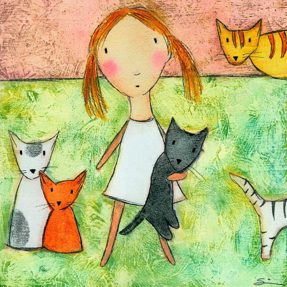 Wall Art Painting id:121675, Name: Girl with Cats, Artist: Sonheim, Carla