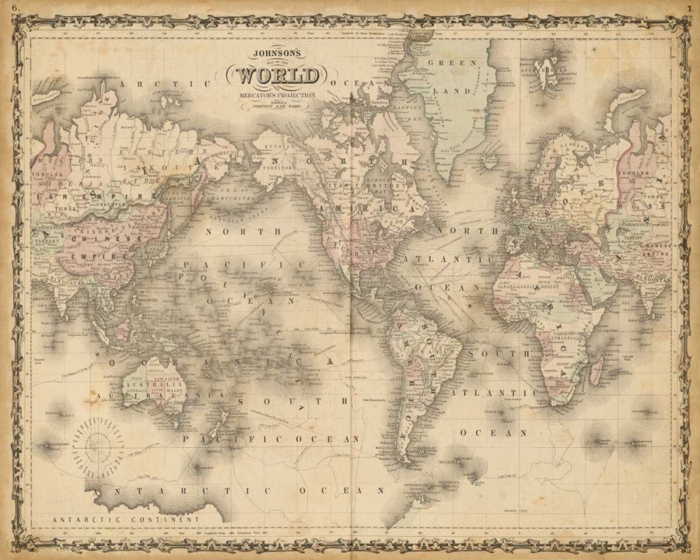 Wall Art Painting id:49755, Name: Johnsons Map of the World, Artist: Johnson