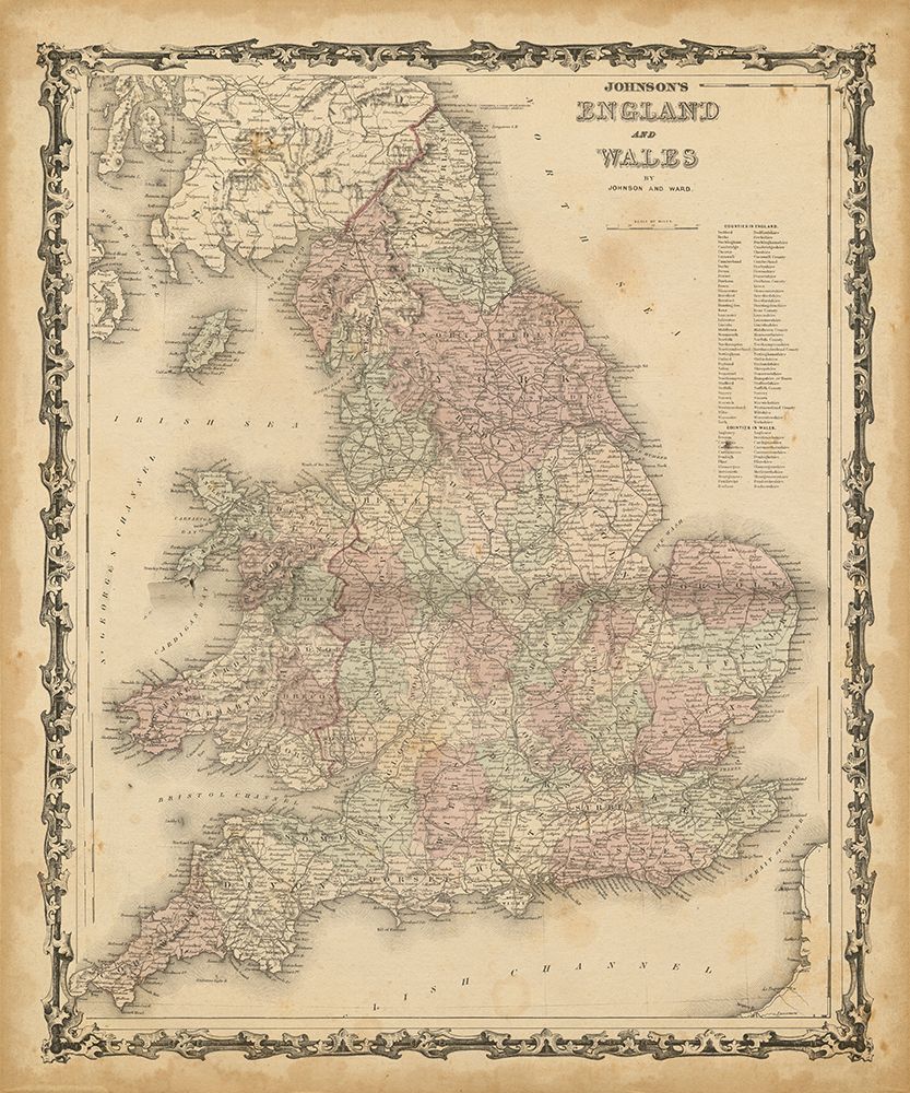 Wall Art Painting id:689772, Name: Johnsons Map of England And Wales, Artist: Johnson