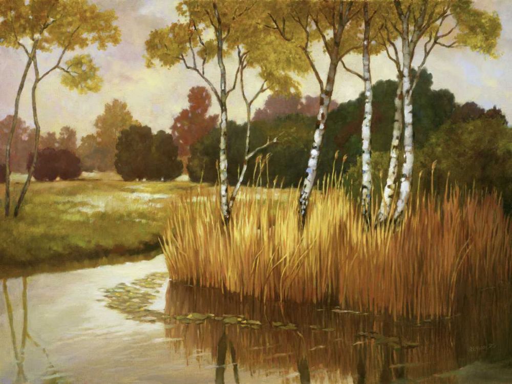 Wall Art Painting id:237461, Name: Reeds, Birches and Water II, Artist: Reynolds, Graham
