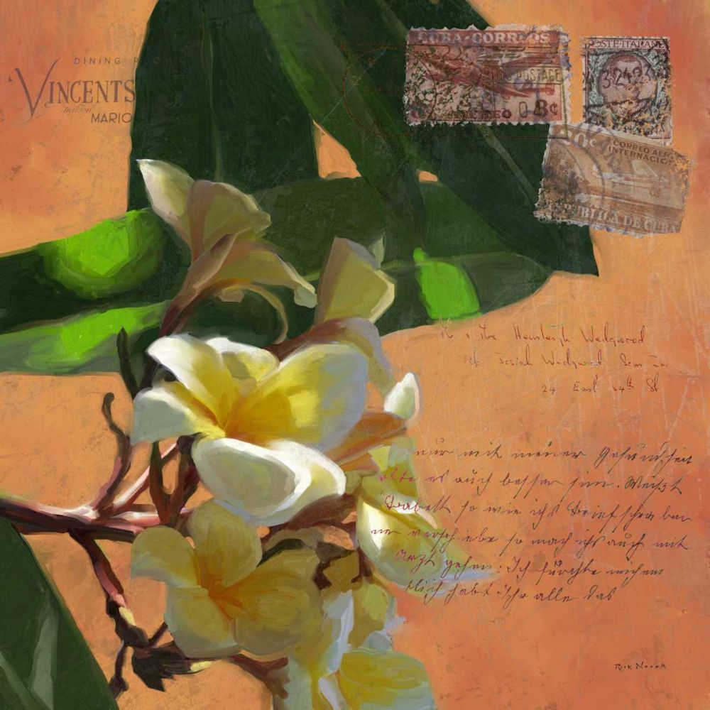 Wall Art Painting id:238590, Name: Plumeria and Postage II, Artist: Novak, Rick