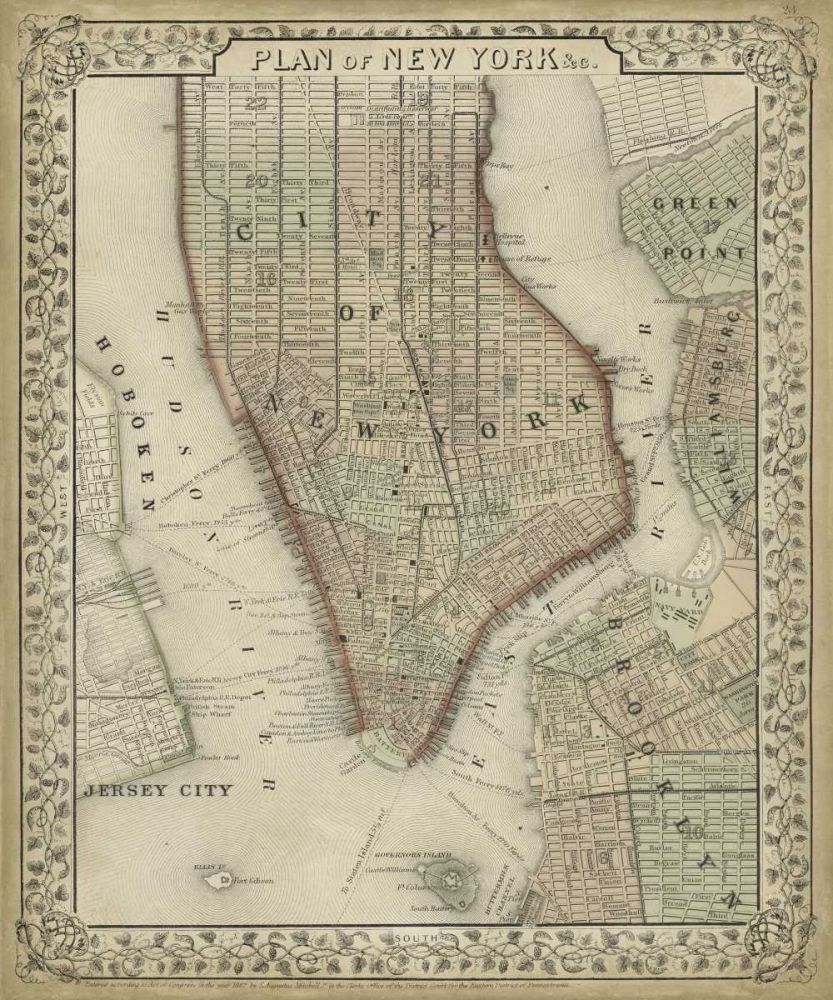 Wall Art Painting id:239224, Name: Plan of New York, Artist: Mitchell