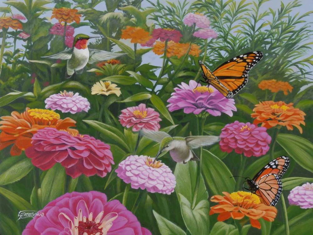 Wall Art Painting id:239450, Name: Zinnia Bouquet, Artist: Szatkowski, Fred