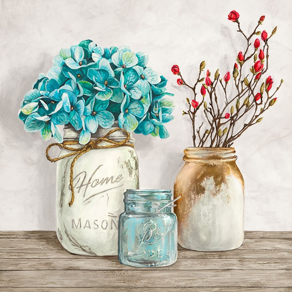 Art Print: Floral composition with Mason Jars I