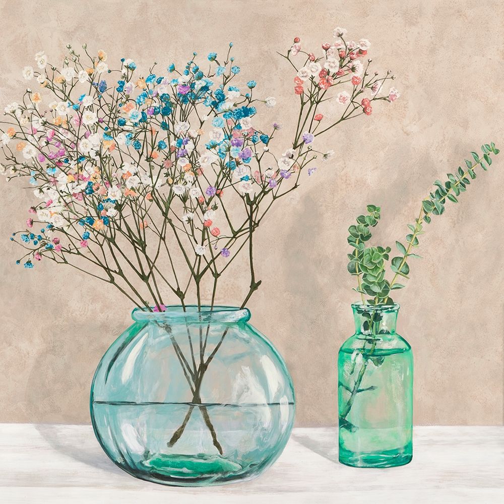 Art Print: Floral setting with glass vases I
