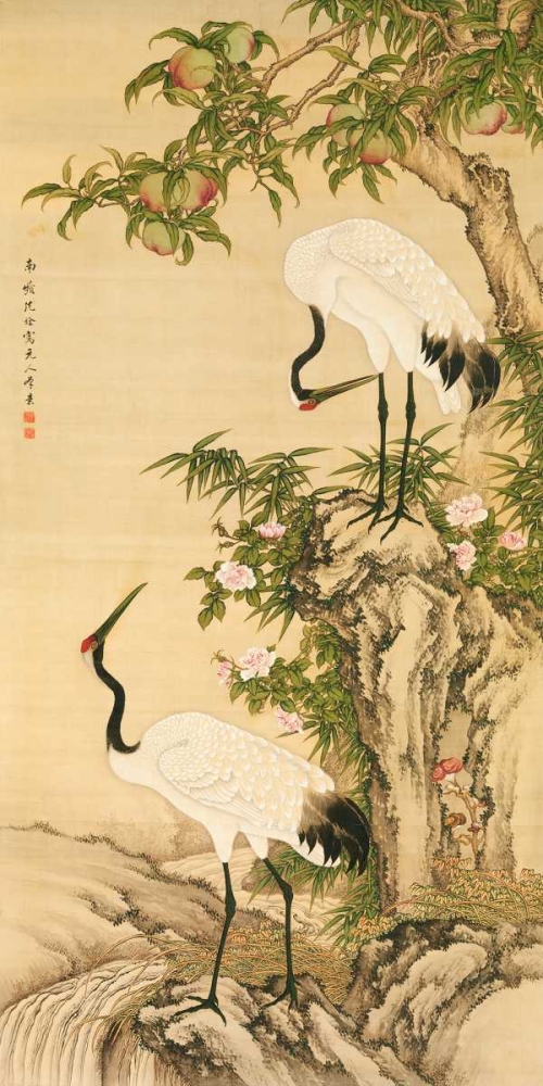 Wall Art Painting id:162717, Name: Cranes, Peach Tree, and Chinese Roses , Artist: Anonymous